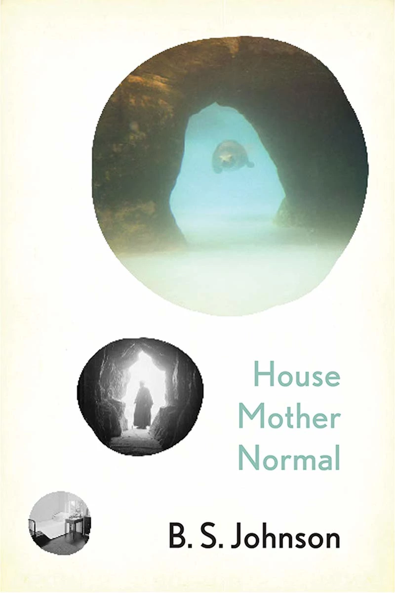 cover of Johnson’s House Mother Normal, three circles increasing in size like thought bubbles, with a photograph of a bedroom smallest, a person standing in the entrance of a cave wearing a long coat looking outwards into the light next, and an underwater cave with a seal swimming through it largest, showing the only color, blue. 