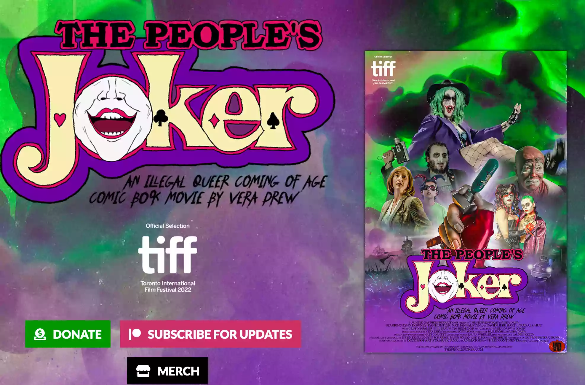 Screen cap of The People's Joker website, showing the movie poster. Cast of characters arranged around a fist with red vinyl fingerless glove gripping an inhaler canister of laughing gas. 