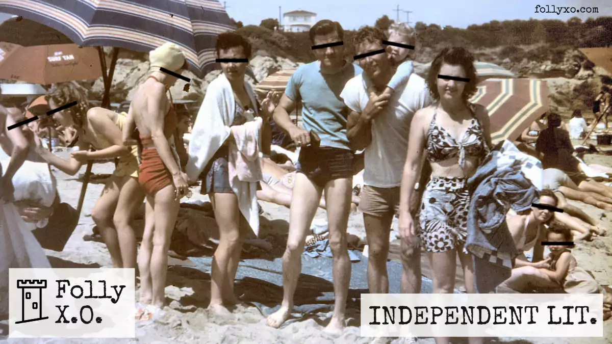 Folly X.O. advertising image showing people at the beach in the 1940s.