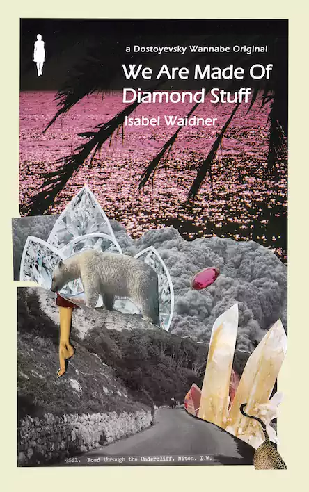 Cover of Isabel Waidner's 'We Are Made of Diamond Stuff’. Collage of diamonds, sunset on water, polar bear, black and white photo of the road through the Undercliff on Isle of Wight, severed foot, lypard.